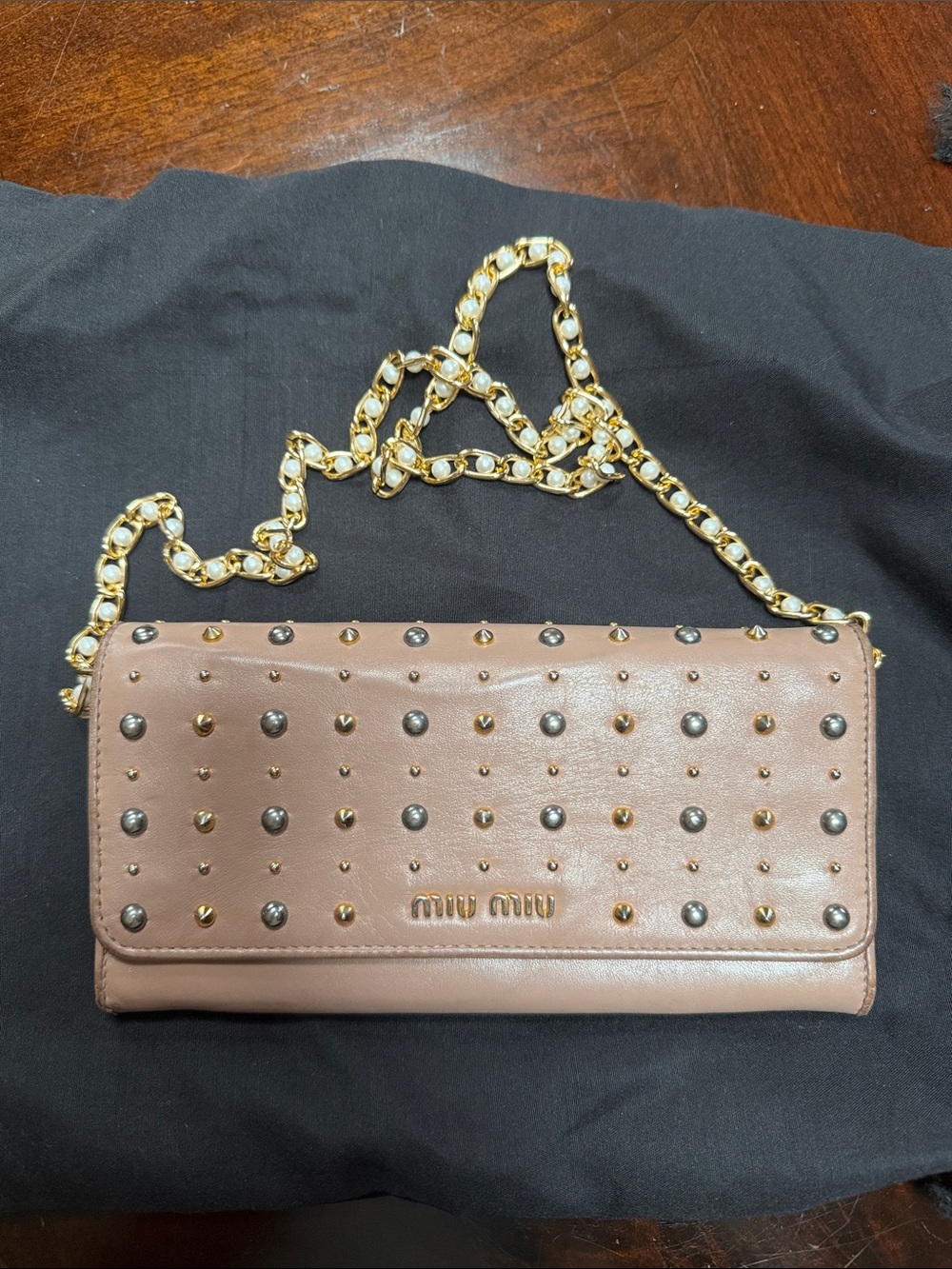 Miu Miu Taupe Leather Studded Long Flap Wallet